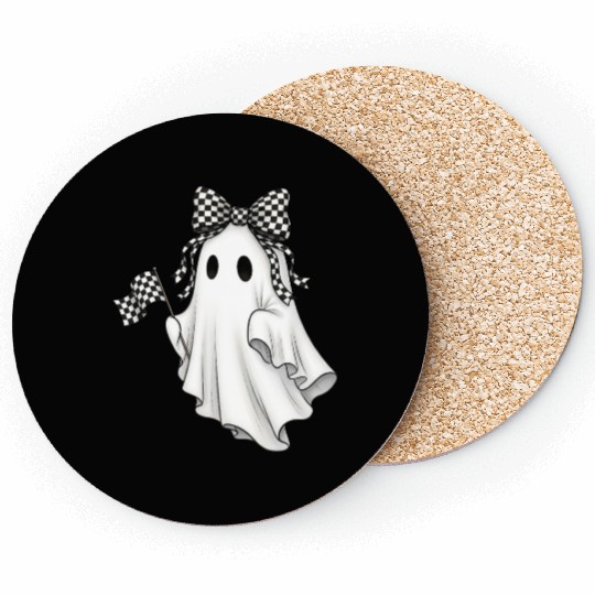 Ghost Boo Checkered Bow Race Day Racing Flag Racer Coasters