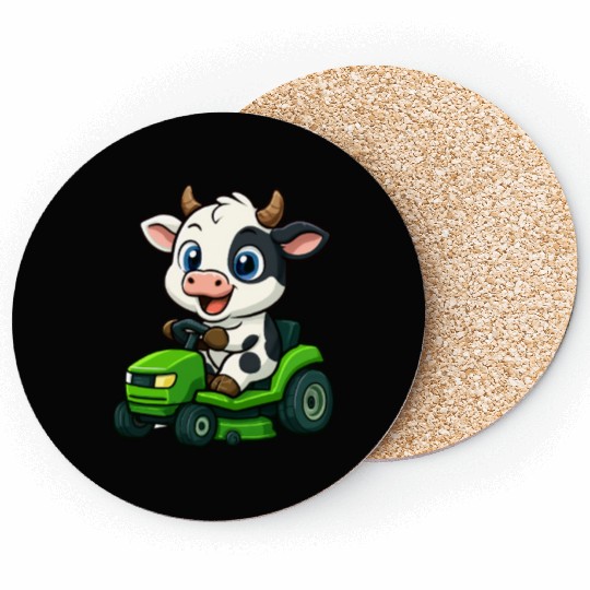 Cute bull cow with lawn mower garden cartoon Coasters