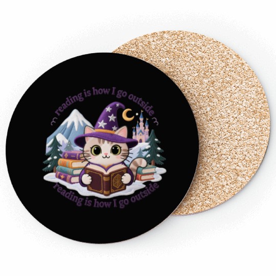 Whimsical Cat Wizard Reading Magic Book Coasters