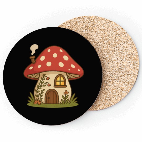 Whimsical Mushroom House Illustration Coasters