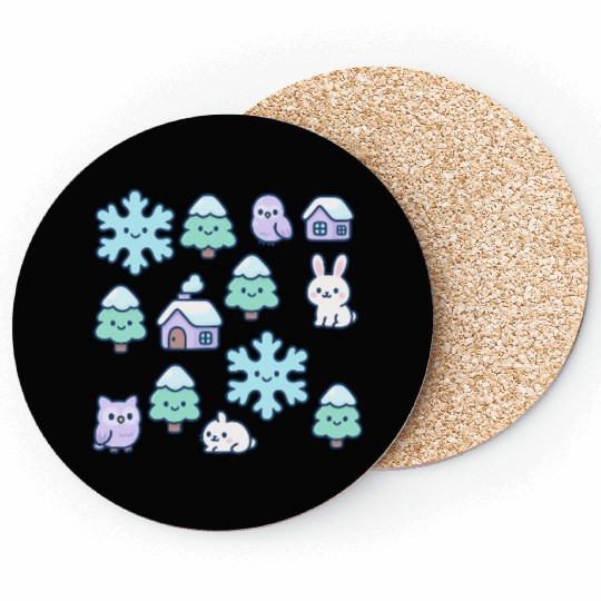 Whimsical Snowy Forest and Cute Creatures Design Coasters