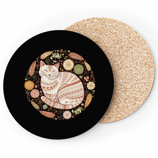Boho Cat – Cozy Mandala Feather Circle Coasters