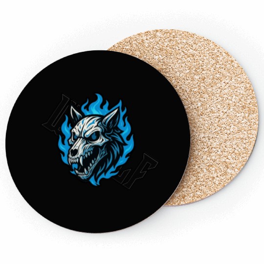 Fierce Wolf Skull with Blue Flames Coasters