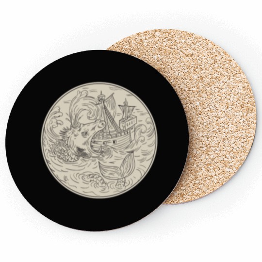 Ancient Sea Monster Attacking Sailing Ship Circle Coasters