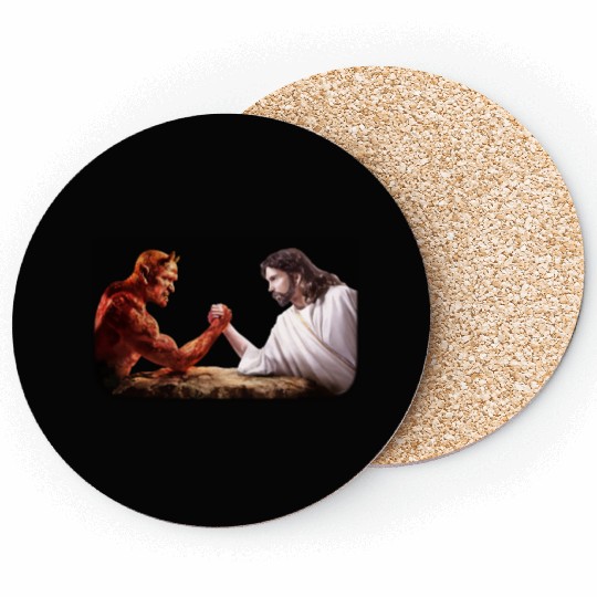 God arm wrestling Satan Coasters