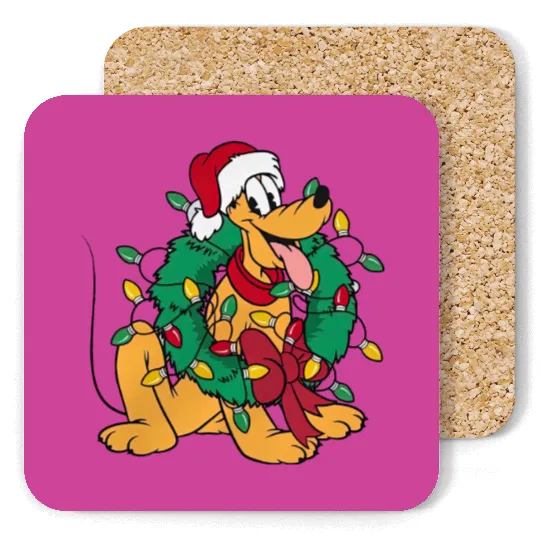 Pluto Wear Santa Hat Hug Christmas Wreath Coasters, Very Merry Xmas Party Disney Trip Coasters