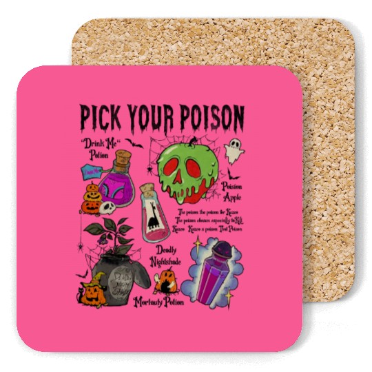 Vintage Pick Your Poison Disney Halloween Coasters, Retro Disney Villains Poison Halloween Coasters, Family Halloween Coasters