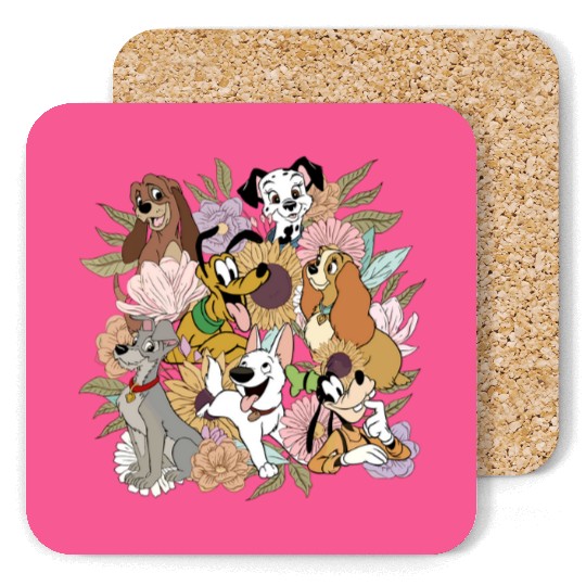 Vintage Floral Disney Dogs Coasters, Disney Dog Characters Coasters, Dog Lovers Gift