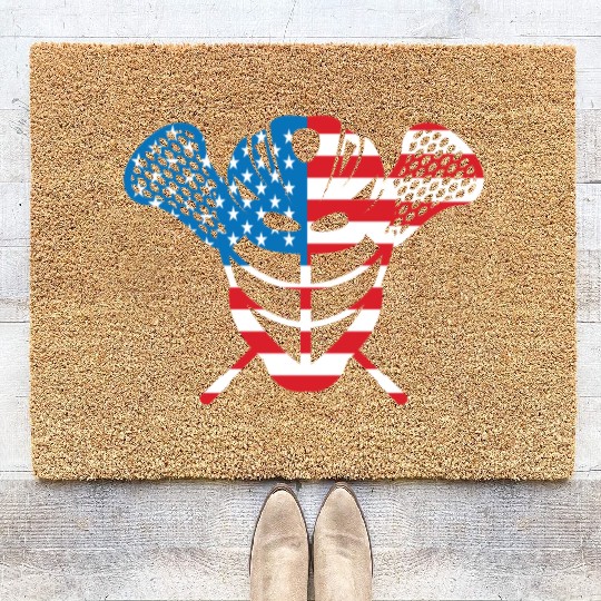 Lacrosse Helmet and Sticks American Flag Coir Doormats