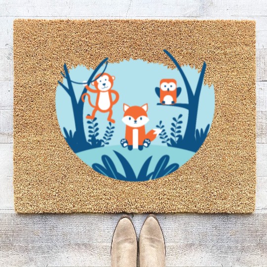 Monkey, Owl, Fox, Animal Friends Forest Graphic Coir Doormats