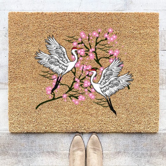 Crane Cherry Blossom Japanese traditional gift Coir Doormats