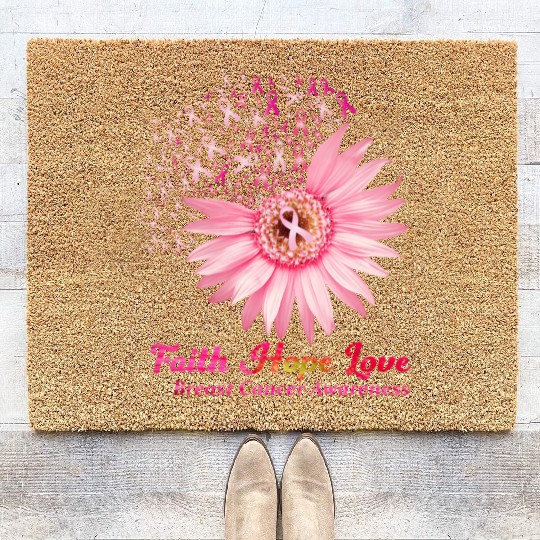 Faith Hope Love Breast Cancer Awareness Flower Pin Coir Doormats
