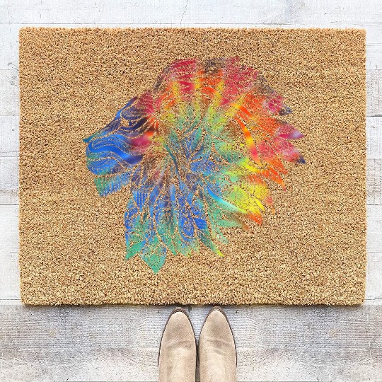 Psychedelic Lion Design Gift. Rainbow Mandala Coir Doormats
