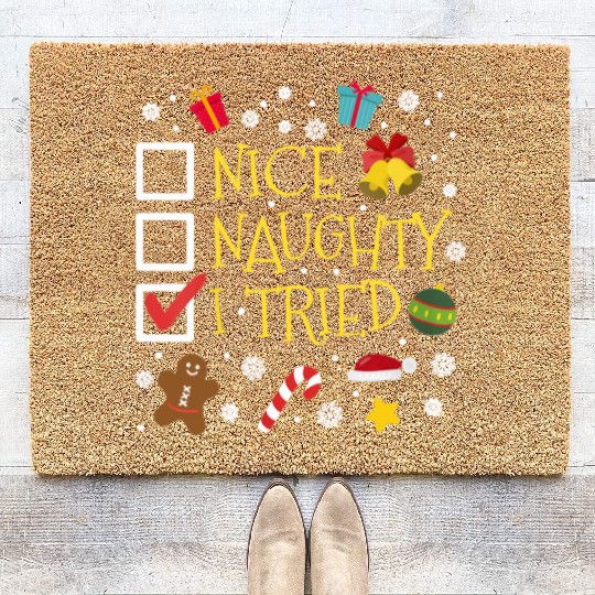 Womens Nice Naughty I Tried Funny Christmas Gift Coir Doormats
