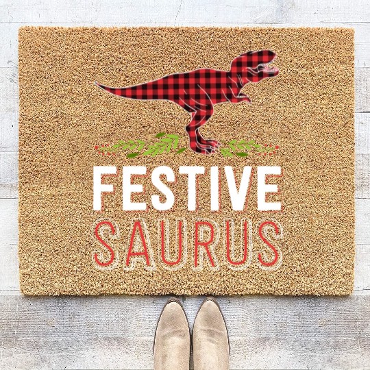 Festive Saurus T Rex Red Plaid Matching Family Coir Doormats