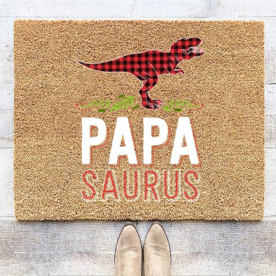 Papa Saurus T Rex Dad Red Plaid Matching Family Coir Doormats