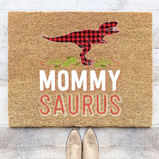 Mommy Saurus T Rex Mom Red Plaid Matching Family Coir Doormats