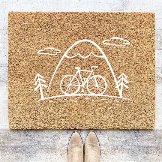 Cartoon bike tour with mountains and forest Coir Doormats