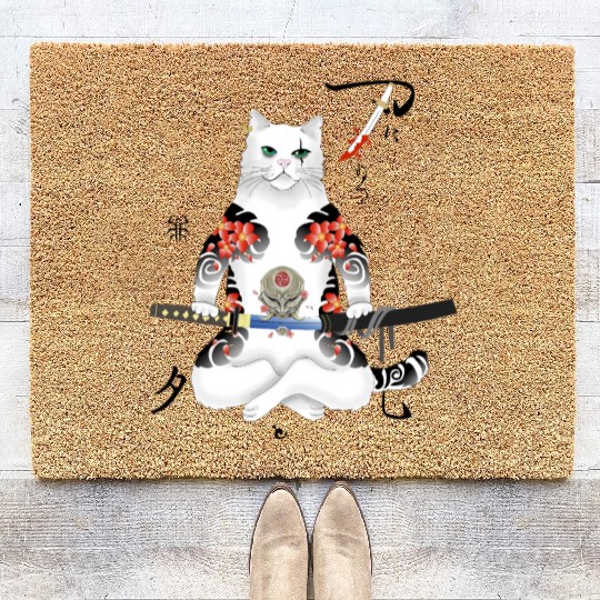 Japanese Samurai Cat Katana Ninja Yakuza Tattoo Coir Doormats