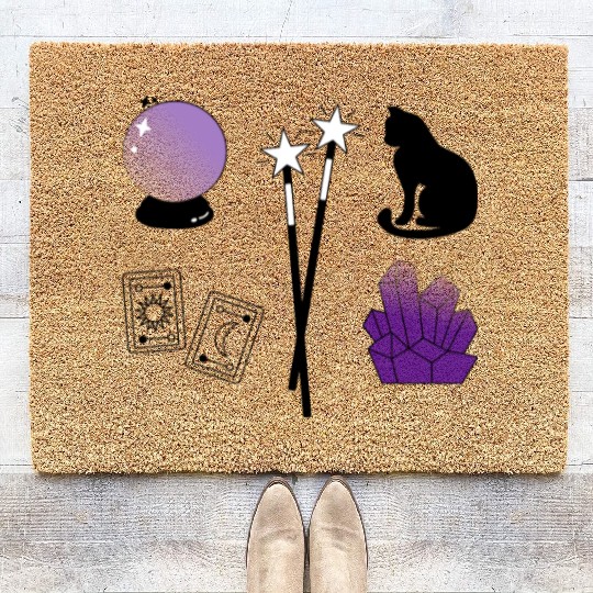 witch magic wand crystal ball tarot crystal cat Coir Doormats