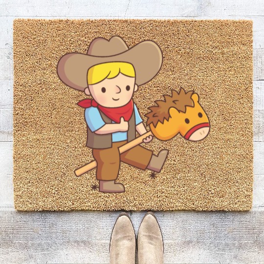 Cute Cowboy Rides Toy Horse Stick Coir Doormats