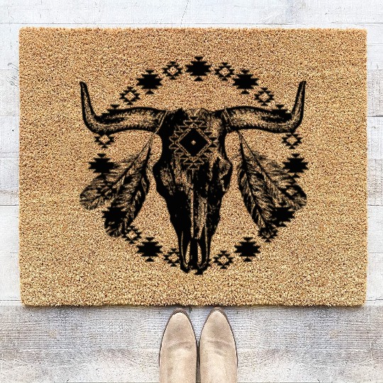 Vintage Cow Bull Skull Boho Southwestern Aztec Fea Coir Doormats