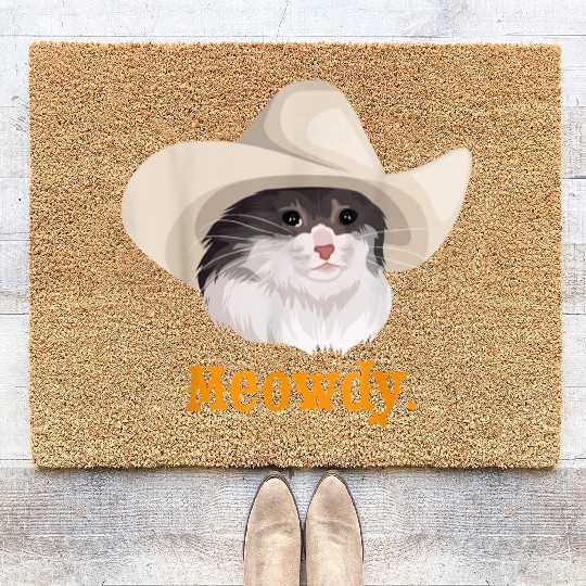 Meowdy Sad Cat Wearing a Cowboy Hat Meme Coir Doormats