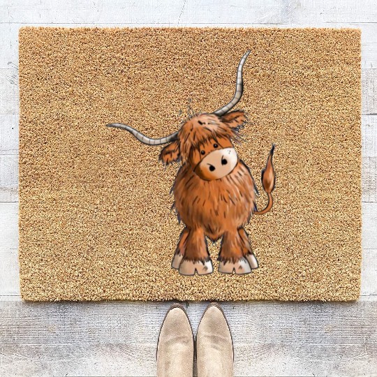 Fluffy and funny scottish highland cow Coir Doormats