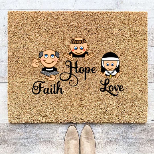 Faith Hope Love with nun, pastor and monk Coir Doormats