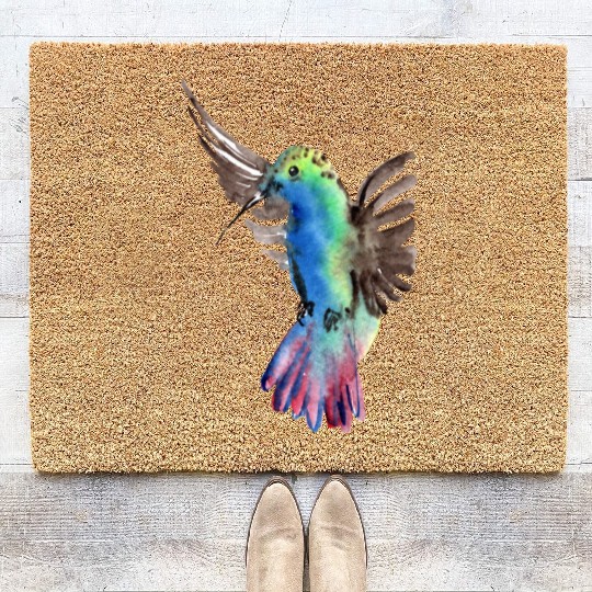 Colorful Watercolor Hummingbird flying pink Coir Doormats