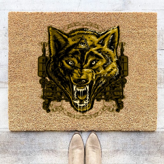 Wild Angry Wolf Tattoo Illustration Coir Doormats