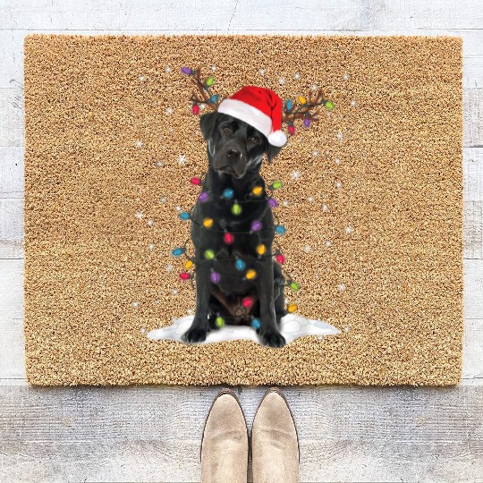 Black Lab Labrador Christmas Tree Light Pajama Dog Coir Doormats
