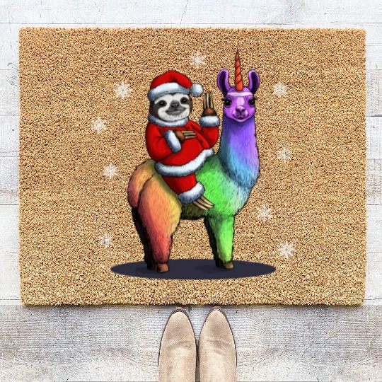 Santa Sloth Riding Llama Unicorn Snowflakes Christ Coir Doormats