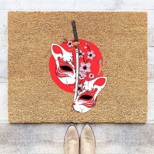 Kitsune mask Japanese sword Katana Japanese Coir Doormats