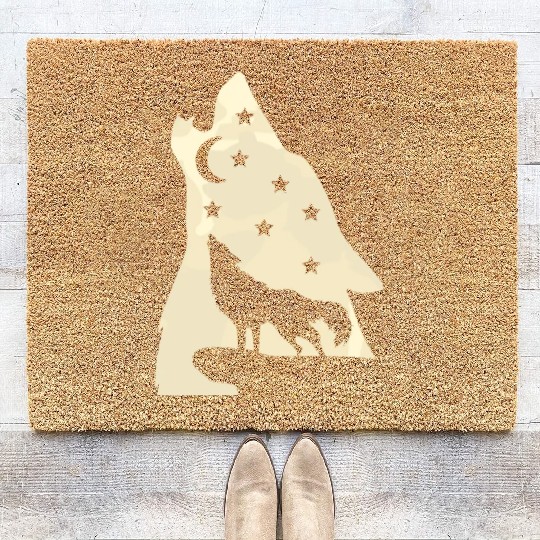 Wolf silhouette howling wolf moonlight Coir Doormats
