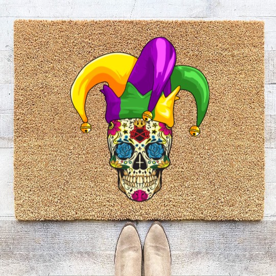 Sugar Skull Mardi Gras Jester Joker Louisiana Carn Coir Doormats