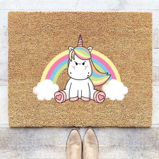 Grumpy Unicorn Evil Bad Mood Unicorn Rainbow Coir Doormats