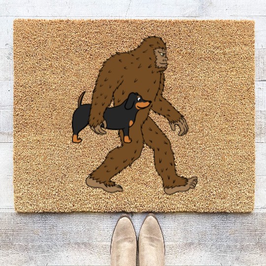 Bigfoot Sasquatch Carrying Dachshund Coir Doormats