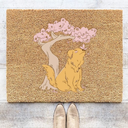 Dog With Sakura Tree Coir Doormats
