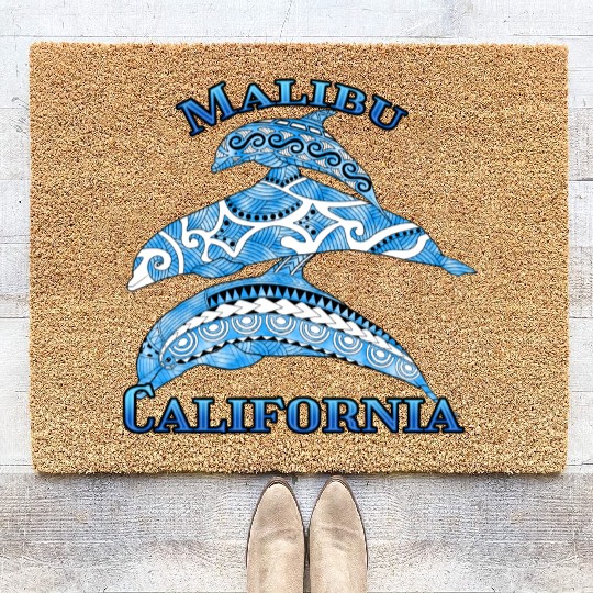 Malibu California Vacation Tribal Dolphins Coir Doormats