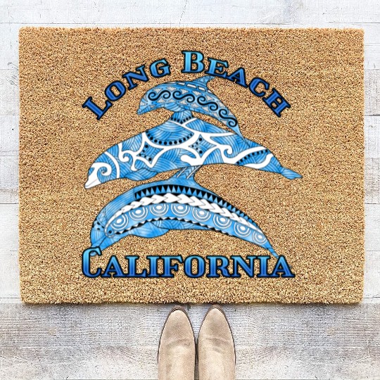 Long Beach California Vacation Tribal Dolphins Coir Doormats