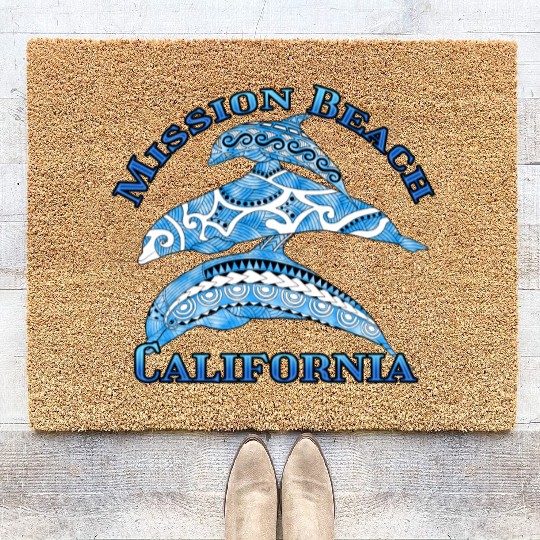 Mission Beach California Vacation Tribal Dolphins Coir Doormats