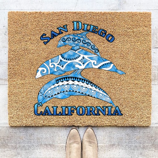 San Diego California Vacation Tribal Dolphins Coir Doormats