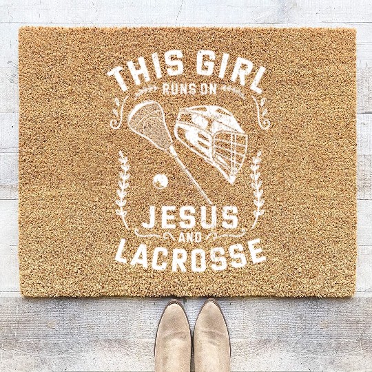 Christian This Girl Runs On Jesus And Lacrosse Coir Doormats