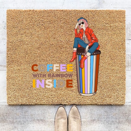 Coffee With Rainbow Inside Female with red jacket Coir Doormats
