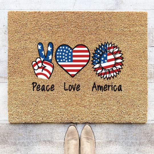 4th of July American Flag Sunflower Peace Love US Coir Doormats
