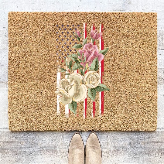 Flower US Flag Patriotic Day 4th Of July Coir Doormats