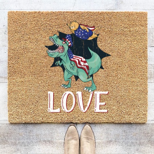 Love America Cat Dinosaur USA Flag 4th Of July Coir Doormats