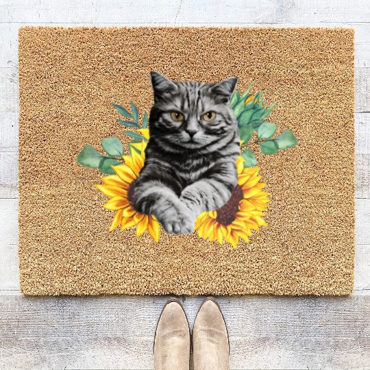 Black Cat With SunFlowers, Gifts For Kitten Lovers Coir Doormats
