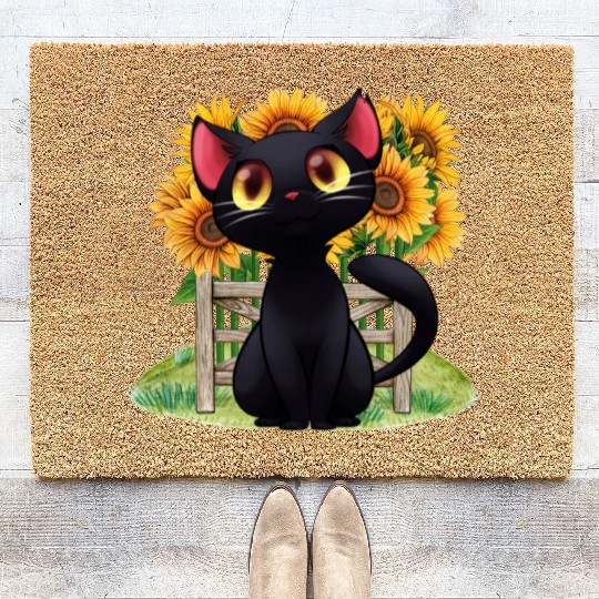 Black Cat With SunFlowers, Gifts For Kitten Lovers Coir Doormats